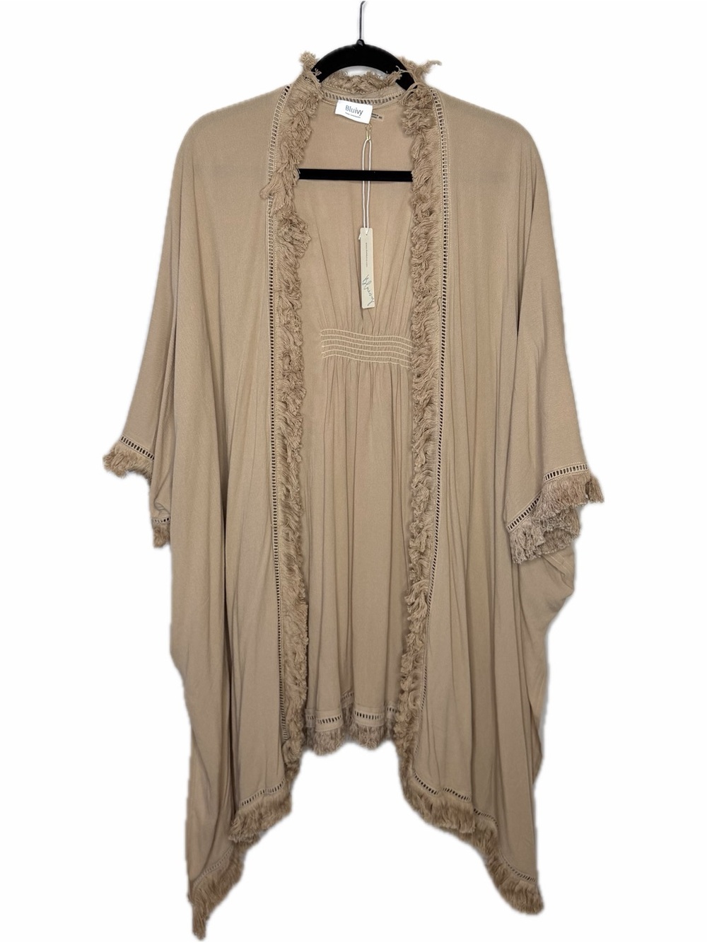 Bluivy Taupe Fringe-Trim Women’s Kimono Wrap M/L NWT